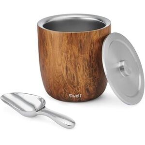 S'well Stainless Steel Ice Bucket XL, 100oz, Teakwood, Includes Lid And Scoop